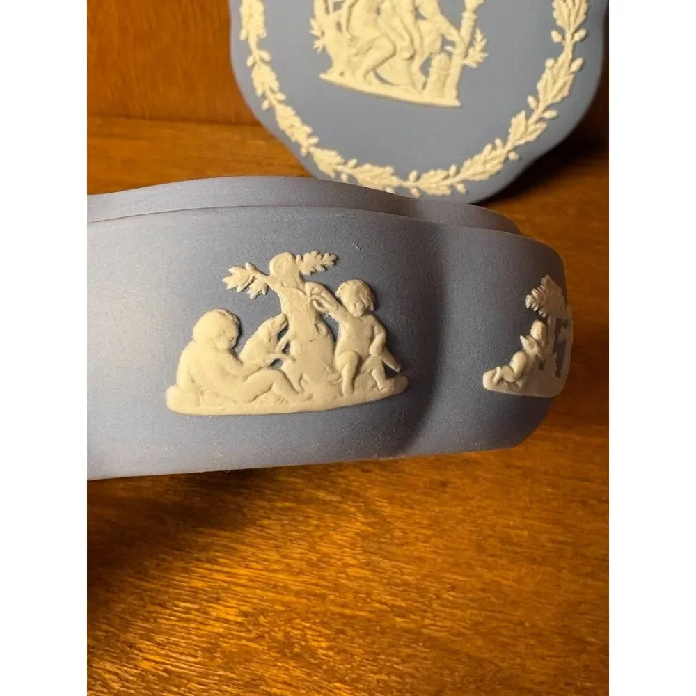 Vintage Wedgwood Blue Jasperware Trinket Box Classical Figures Made in England